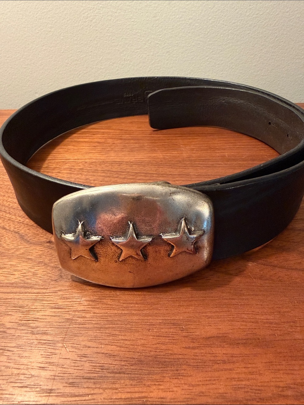 Black Leather Belt with Three-Star Metal Buckle